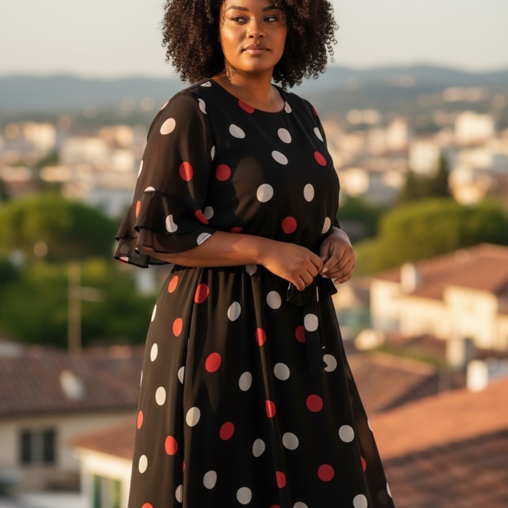 Anne Klein Black Dress with Red and White Polka Dots